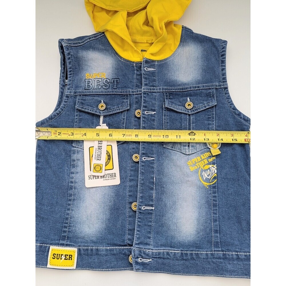 NWT Kids (Size 12Y) Distressed Denim Vest w/Yellow Jersey Hood & Patch Details - Picture 8 of 10